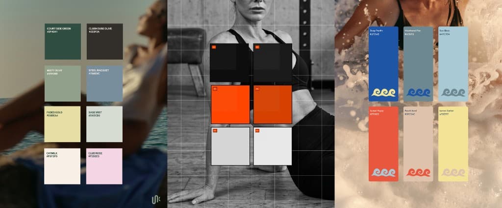 Three brand colour stories side by side, from calm olive wellness to intense orange fitness and playful coastal blue and coral