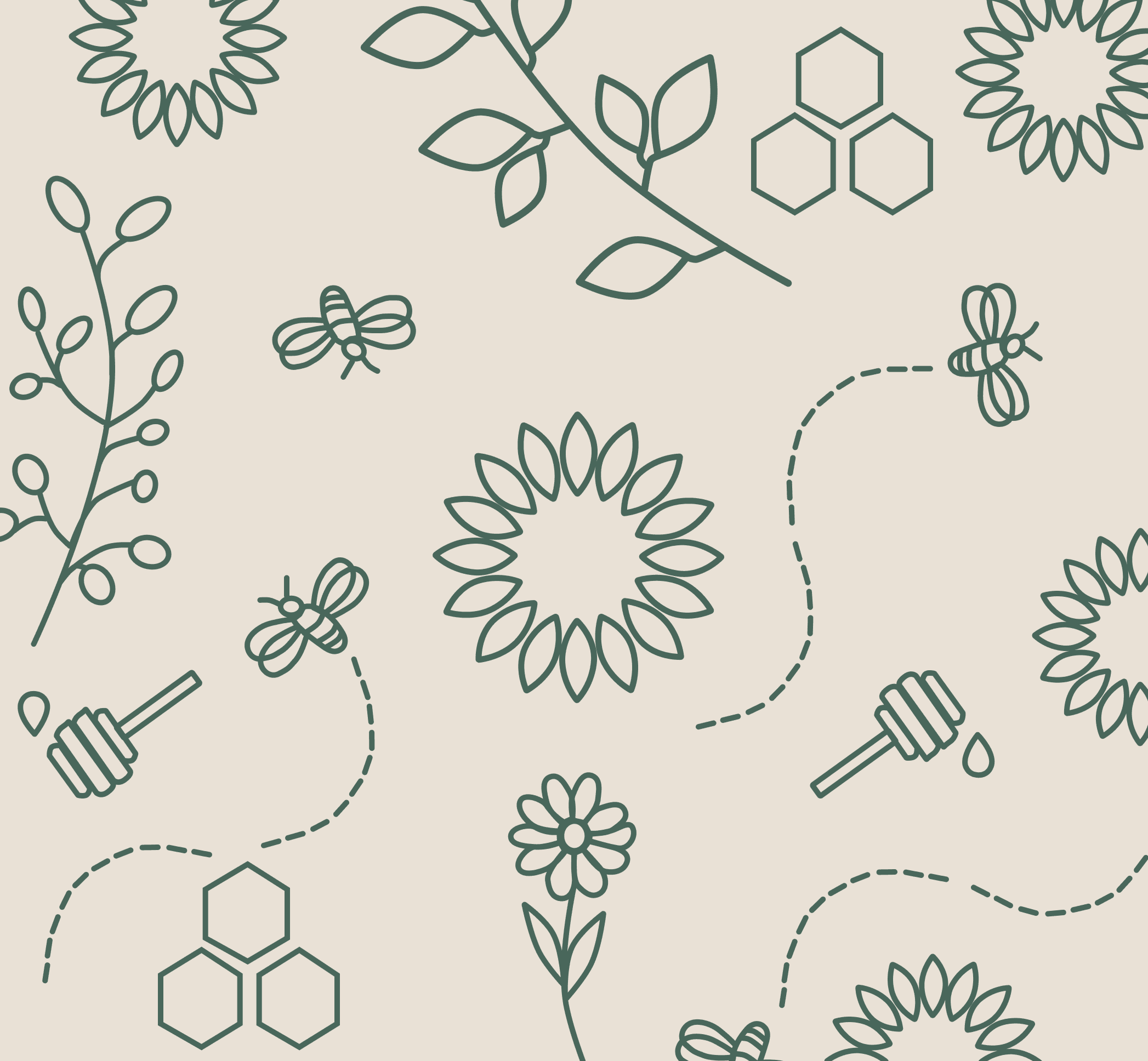 Alexandra’s Farm botanical pattern with bees, honeycomb, flowers, and ingredients