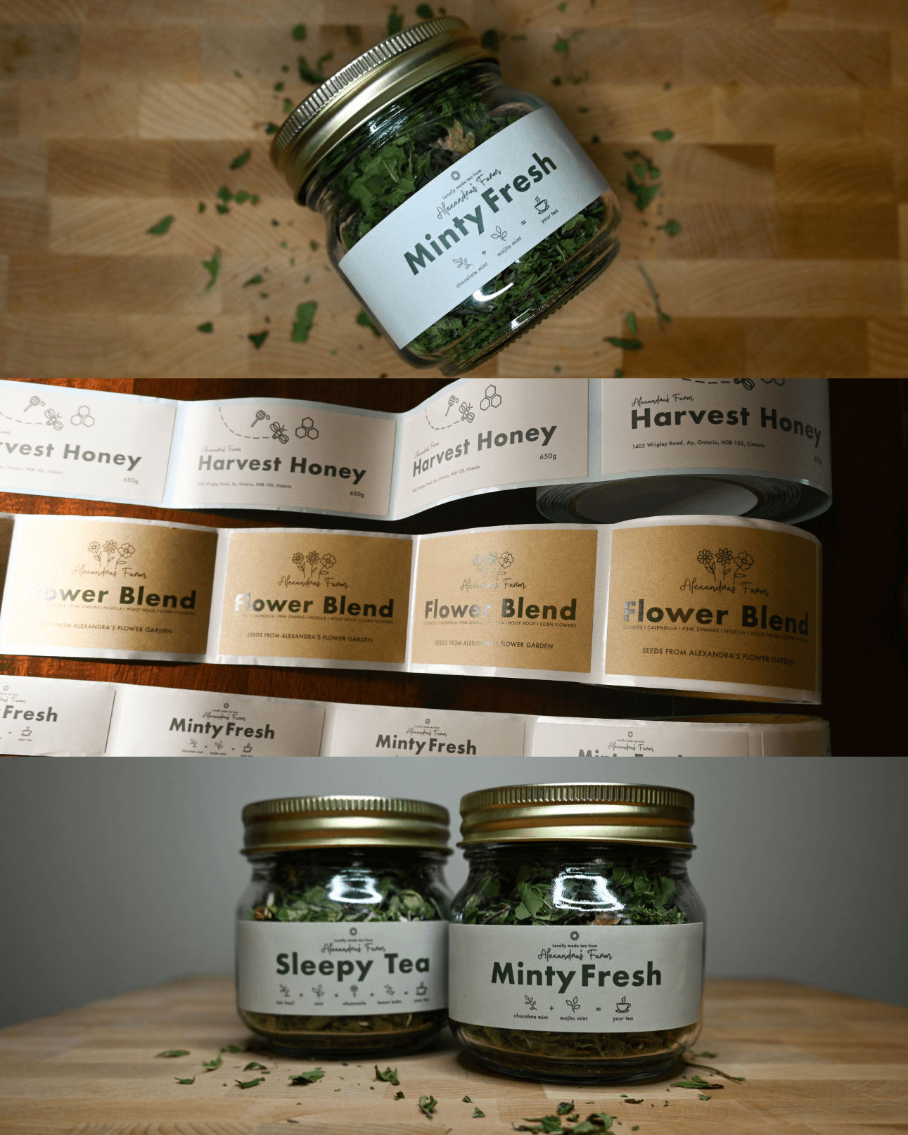 Alexandra’s Farm tea and honey labels across several products