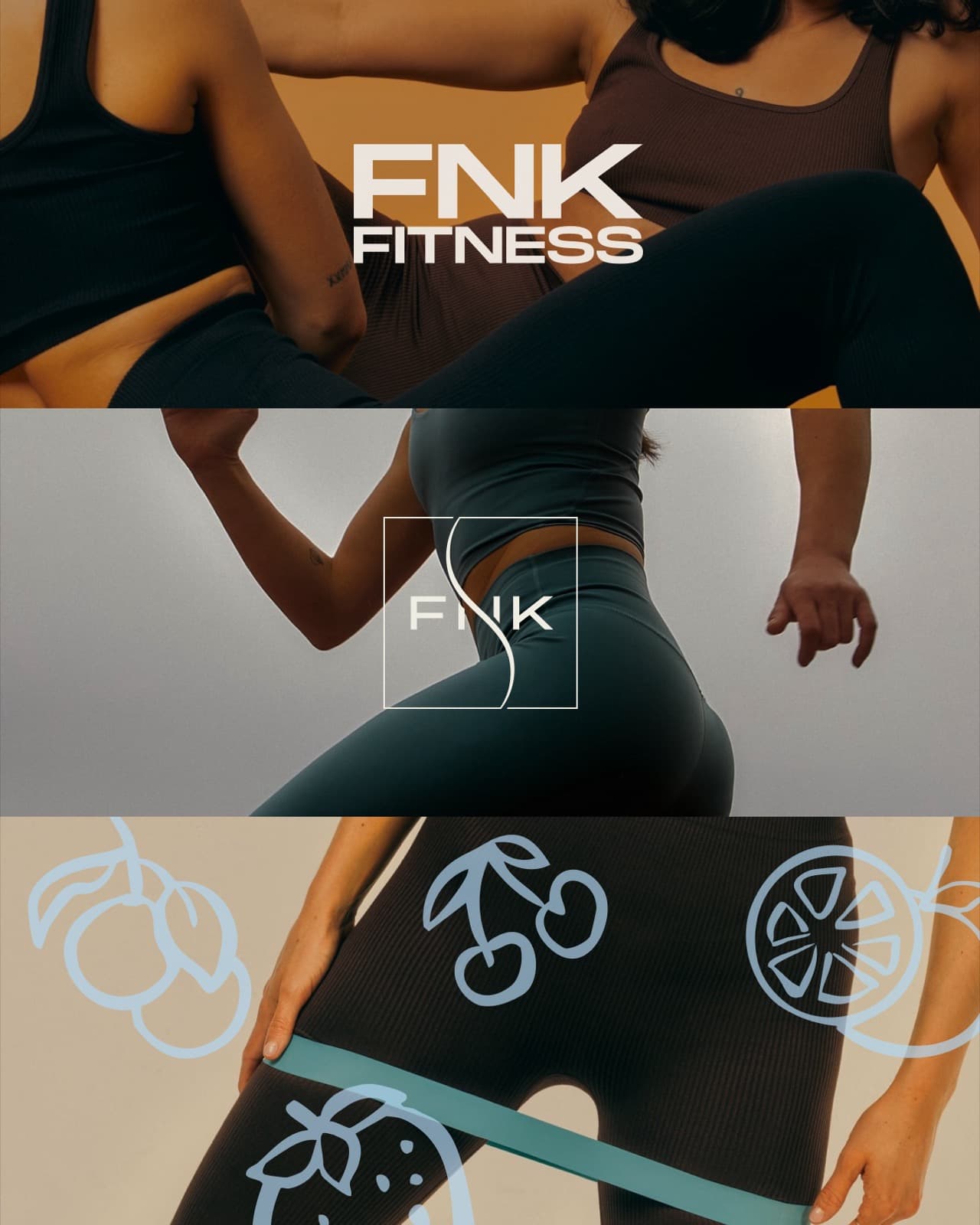 FNK Fitness campaign stack with wordmark, monogram, and fruit illustration overlays
