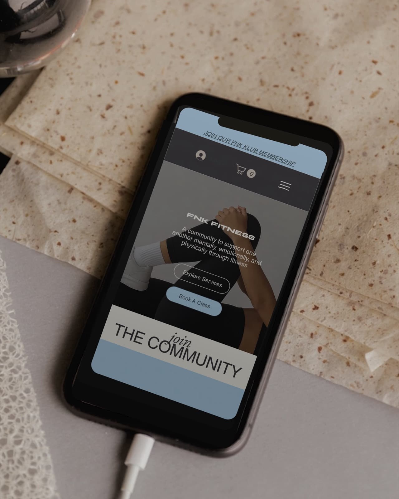Phone mockup of the FNK Fitness website homepage and booking calls to action