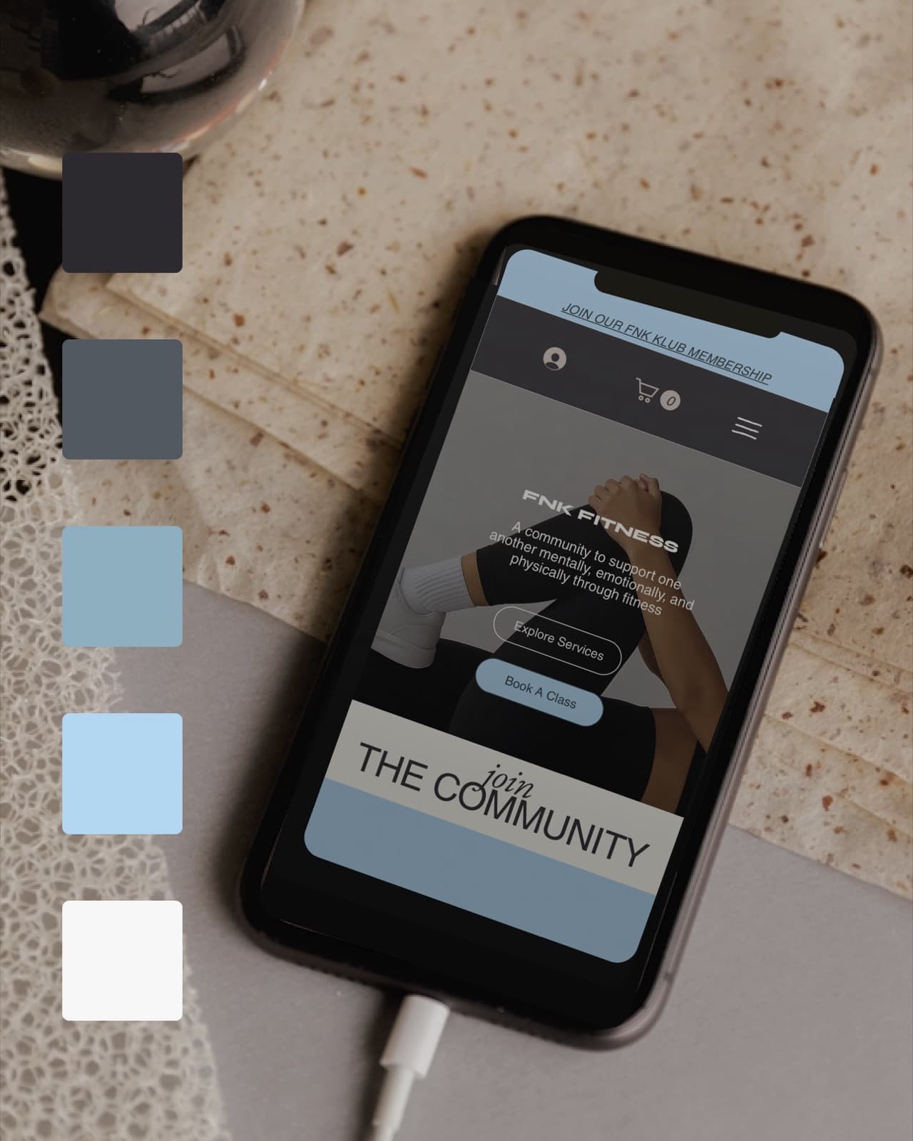 FNK Fitness mobile website mockup beside the brand colour palette