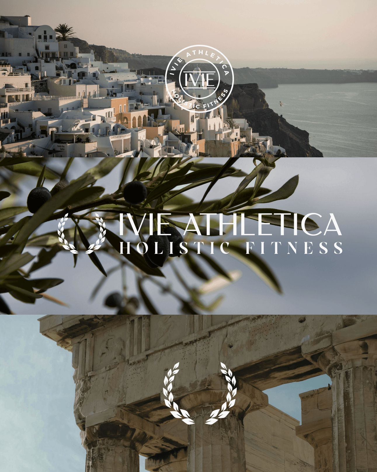 Ivie Athletica identity system with Mediterranean imagery and olive branches