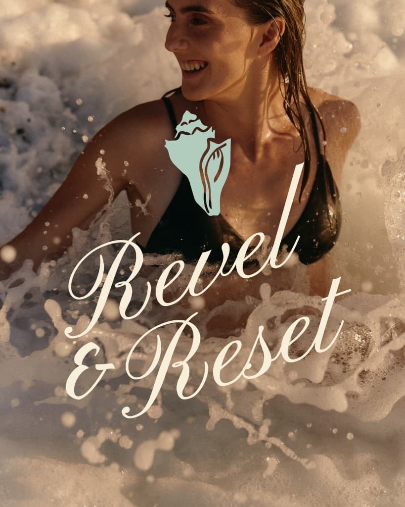 Revel and Reset script wordmark and shell mark over a woman laughing in golden-hour ocean surf