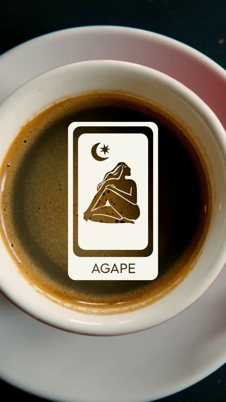 Portfolio brand presentation for Agape Astrology showing the seated figure mark over a coffee cup