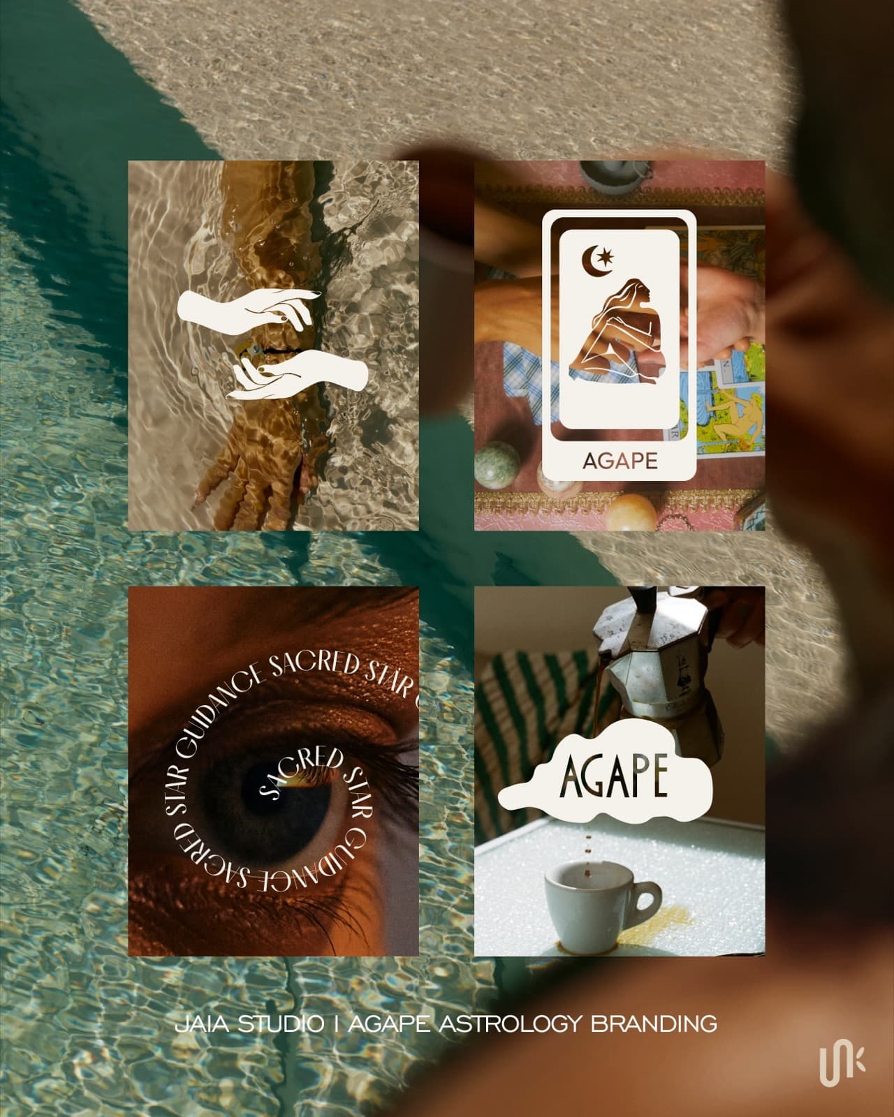 Agape Astrology identity collage with logo mark, Sacred Star Guidance type, and lifestyle photography