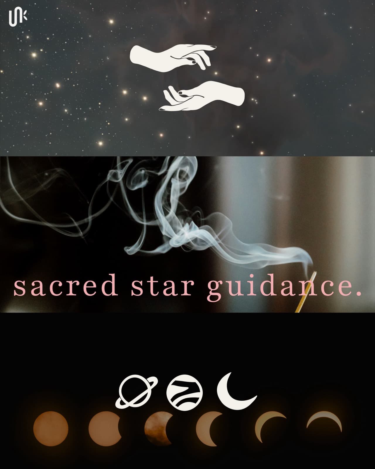 Agape Astrology celestial icon system with mirrored hands, Sacred Star Guidance type, and lunar eclipse marks