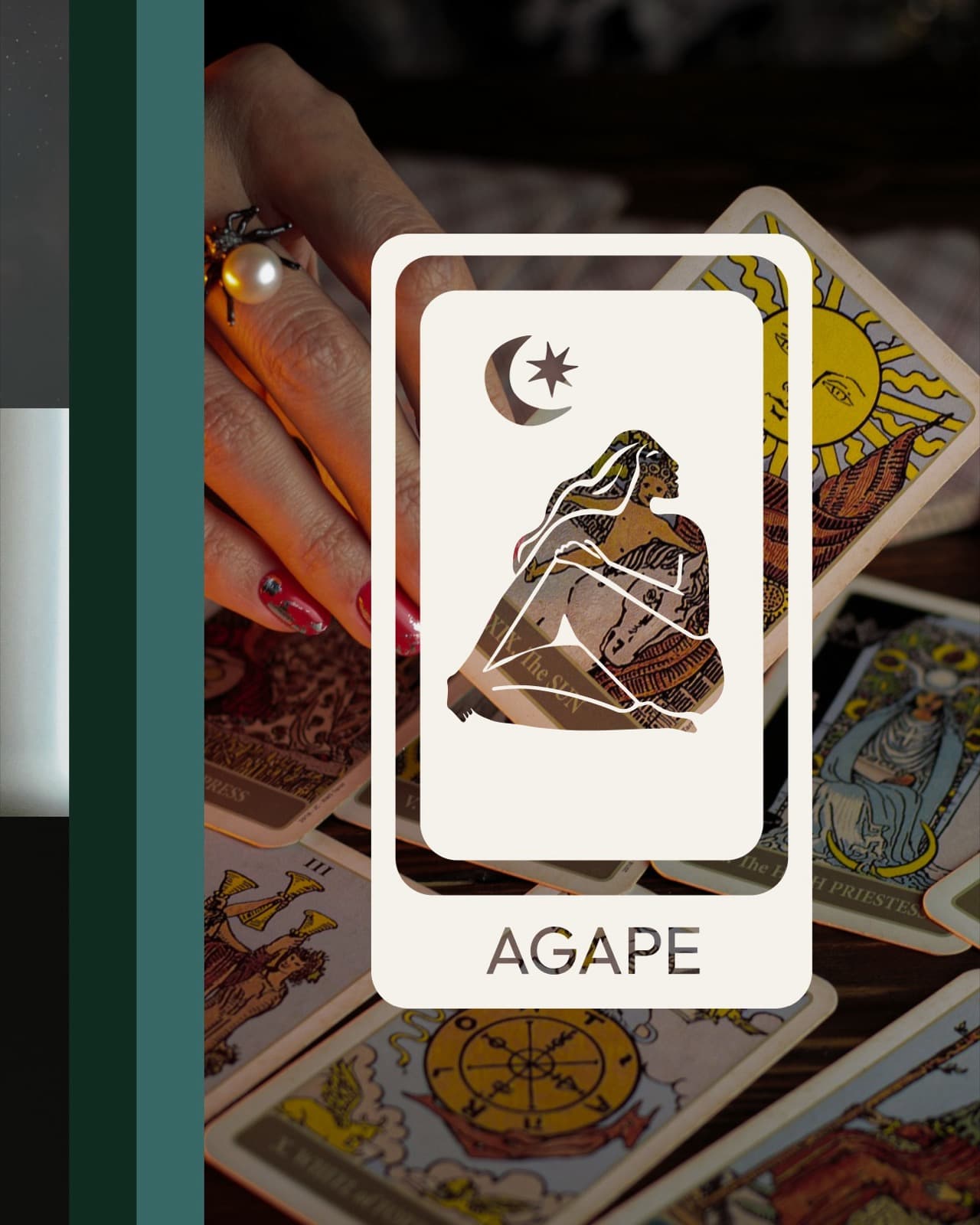Agape Astrology seated feminine figure mark on a white card over a tarot reading table
