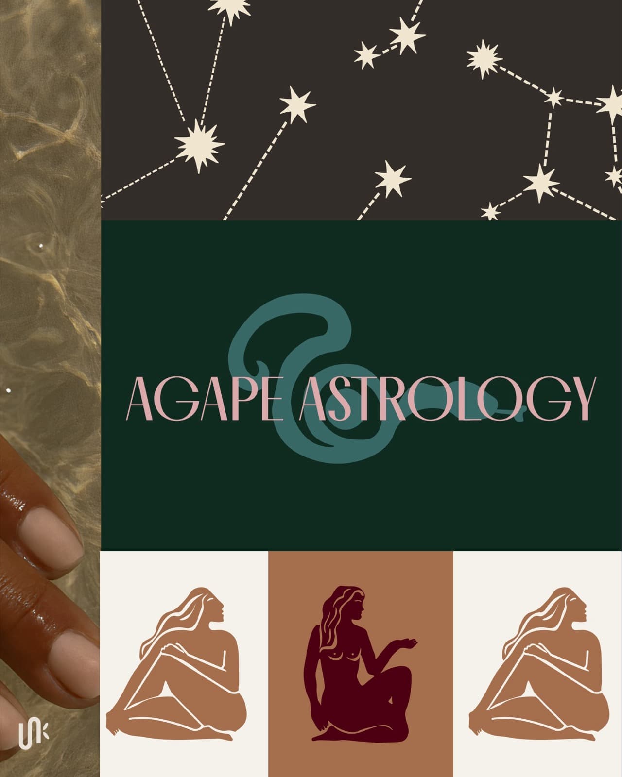 Agape Astrology moodboard with constellation art, wordmark, silhouette icons, and water photography
