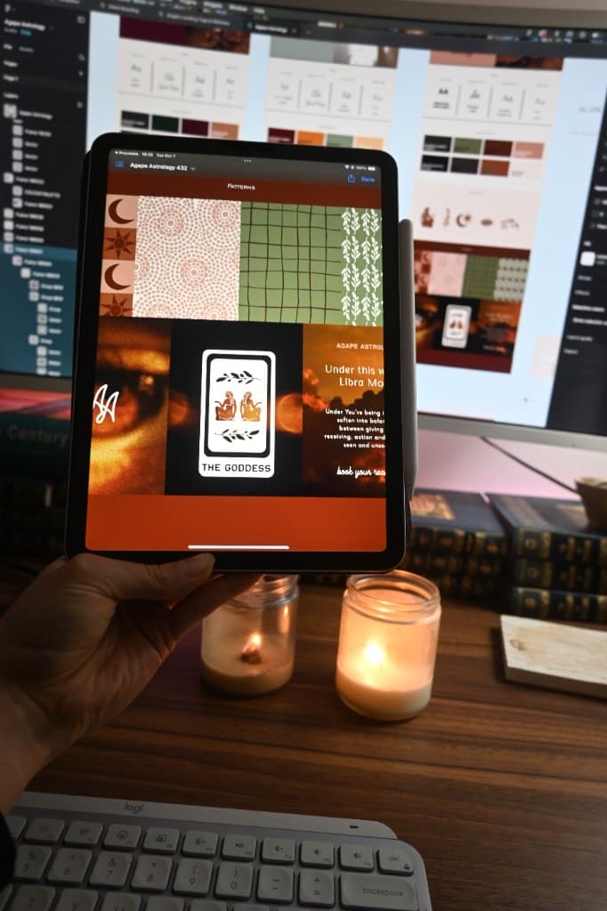 Agape Astrology patterns and identity explorations on a tablet beside a brand guidelines screen
