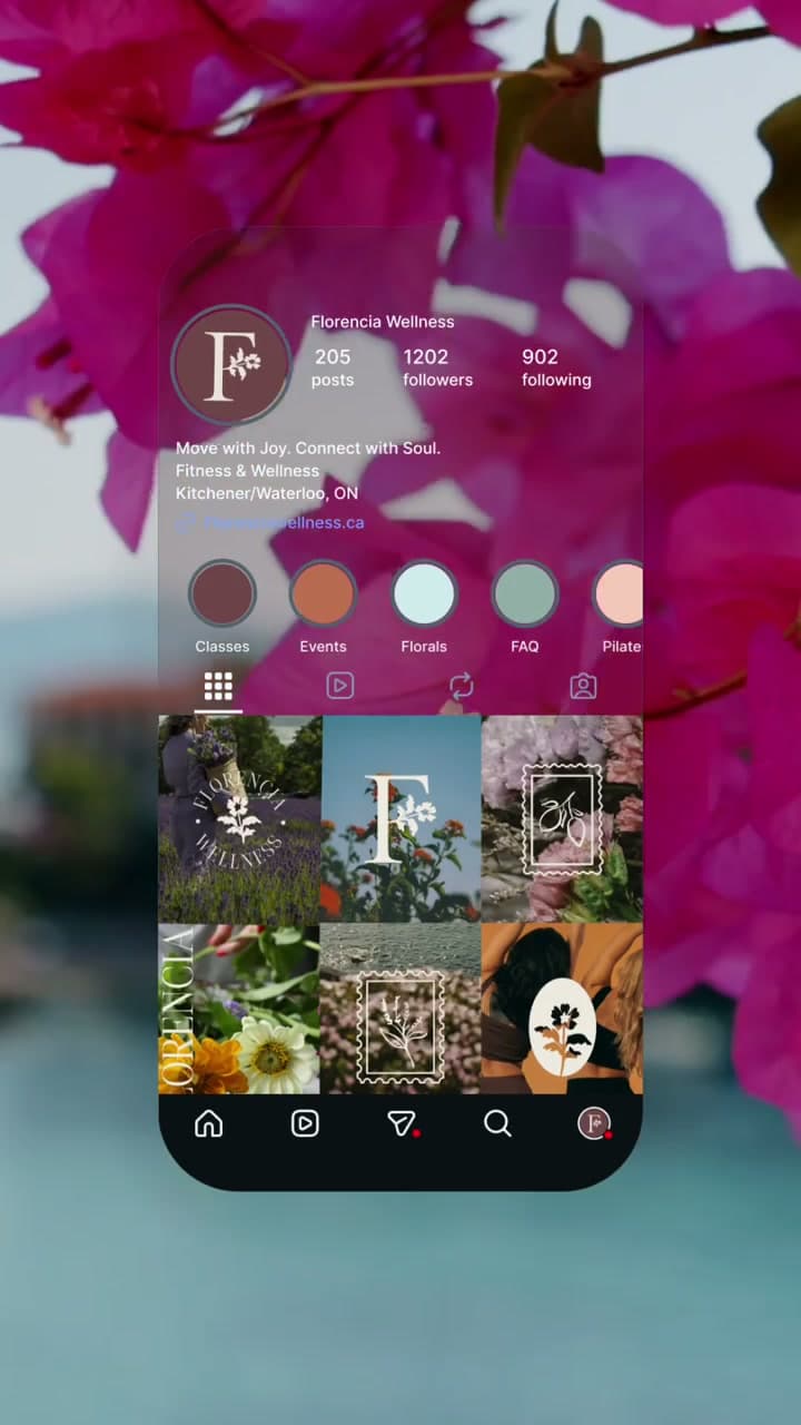 Florencia Wellness Instagram profile mockup showing the floral identity in a social feed