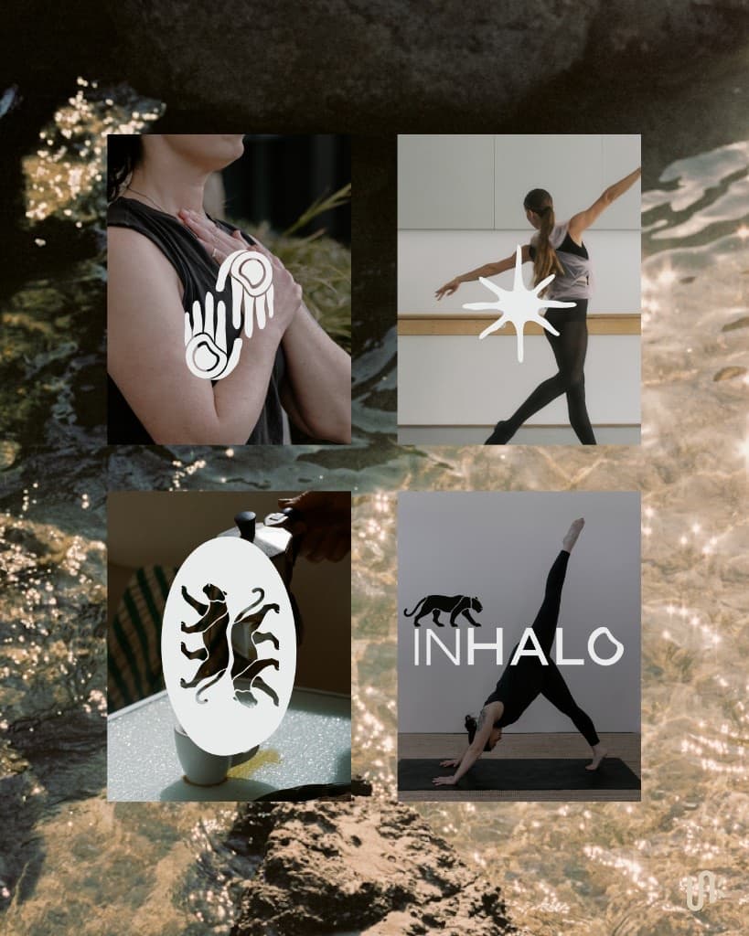 Inhalo Movement branding options board with ritual marks, panther lockups, and lifestyle photography over sunlit water