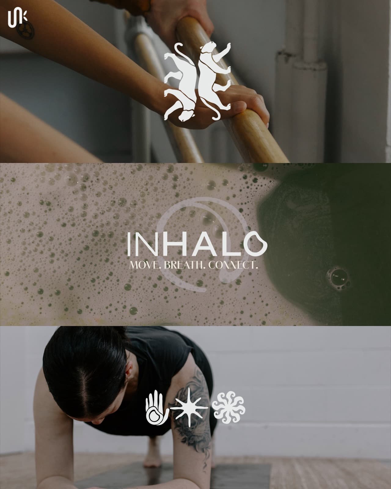 Inhalo Movement Move. Breathe. Connect. collage with barre, water, and yoga photography