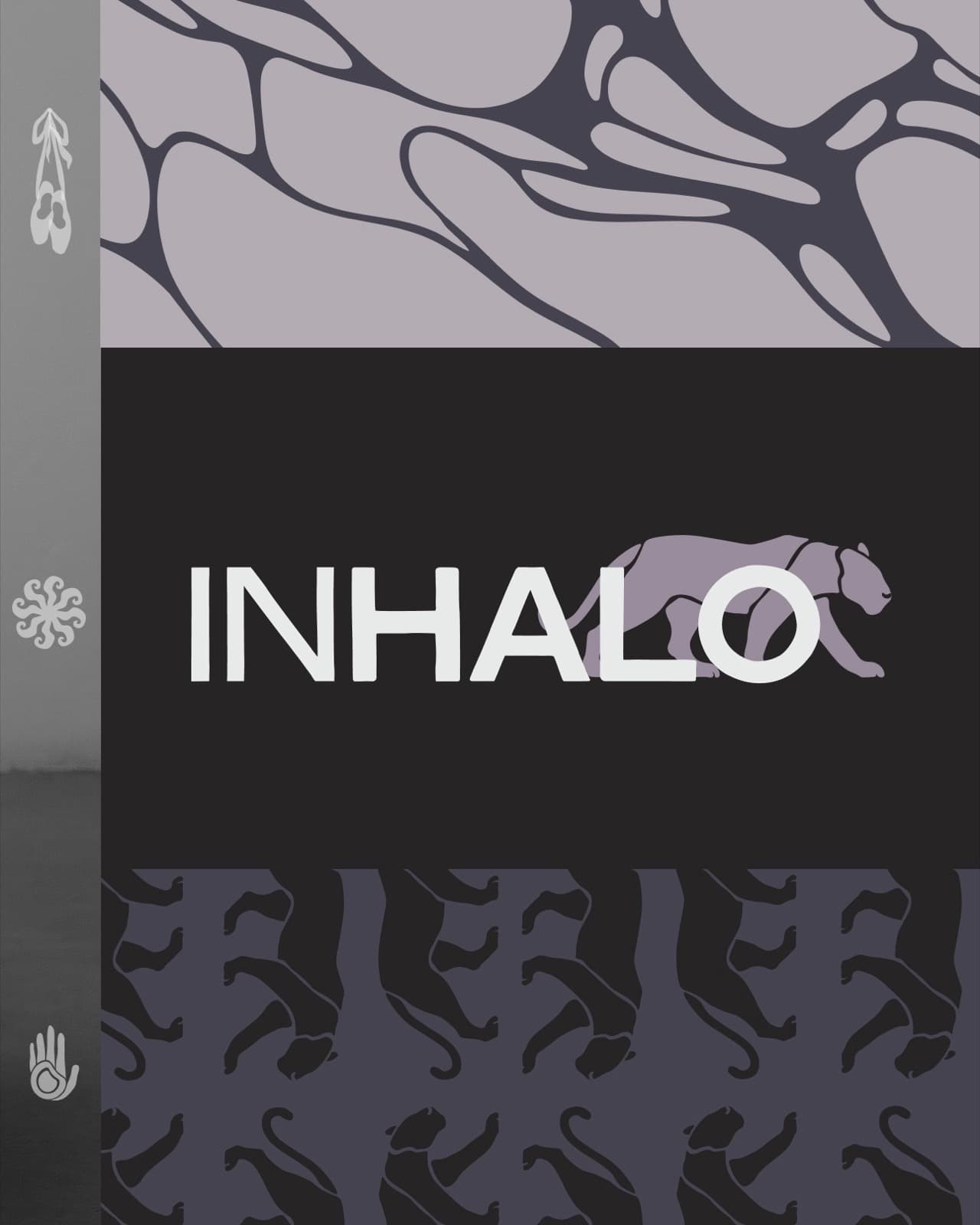 Inhalo Movement pattern system with organic cell motif, panther wordmark band, and icon sidebar