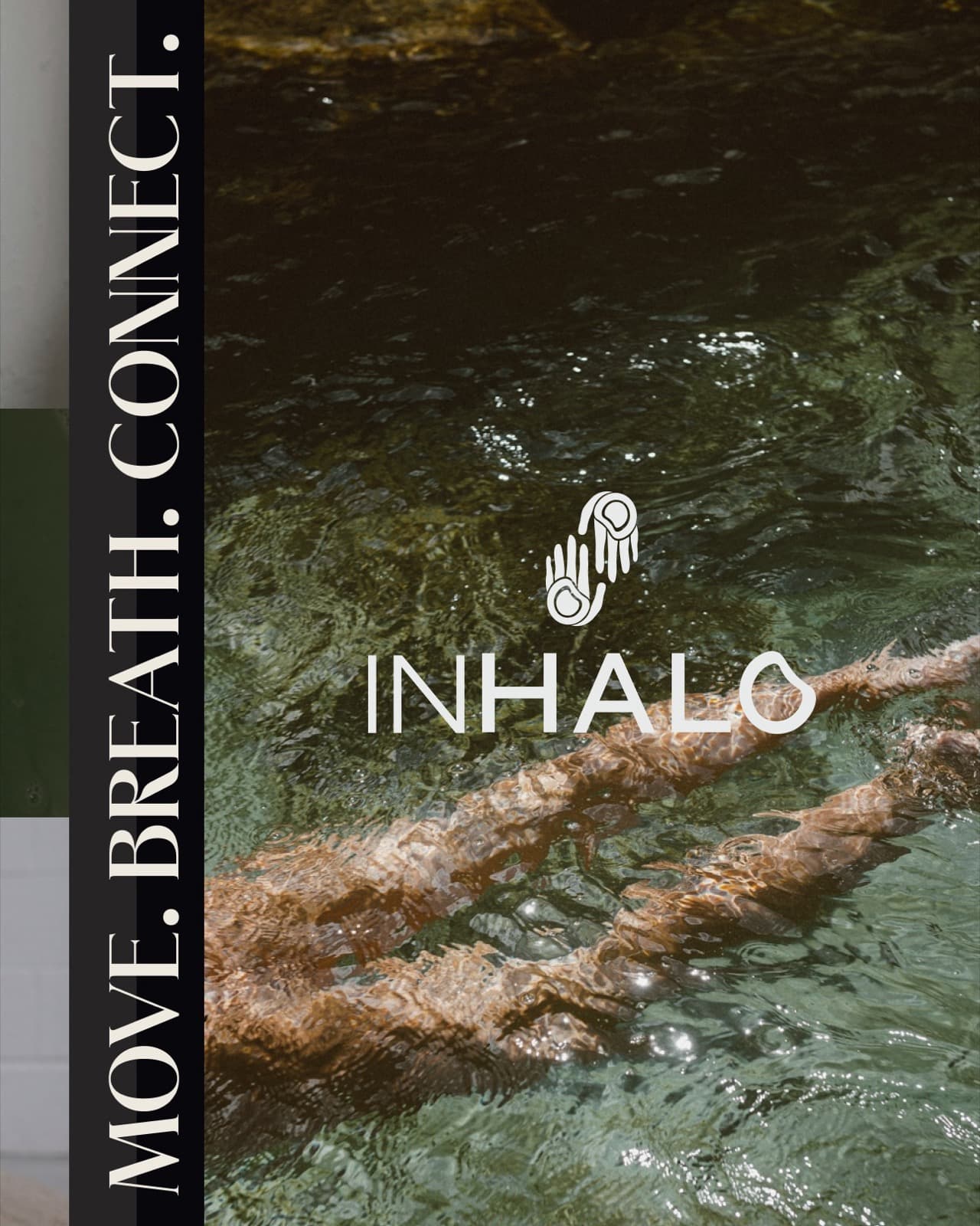 Inhalo Movement wordmark and Move. Breathe. Connect. line over underwater swimming photography