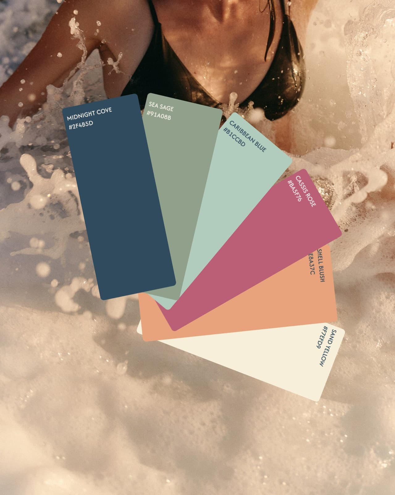 Revel and Reset colour palette over golden-hour ocean splash photography