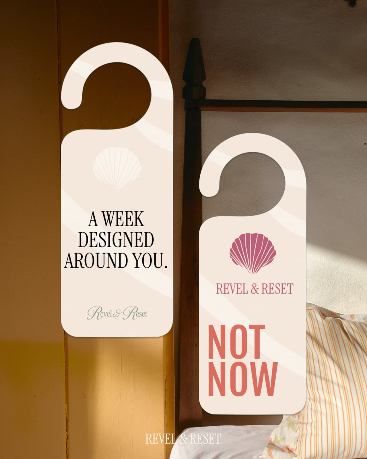 Revel and Reset door hangers with shell mark and Not Now message in a sunlit retreat room