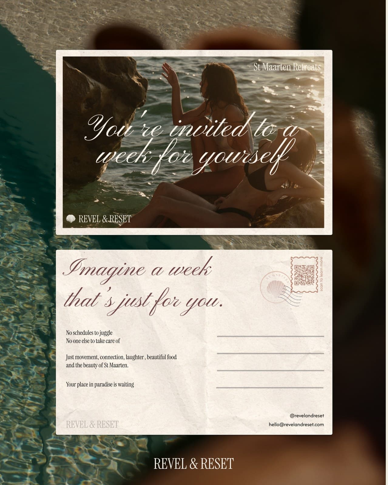 Revel and Reset retreat invitation postcard held over a sparkling pool