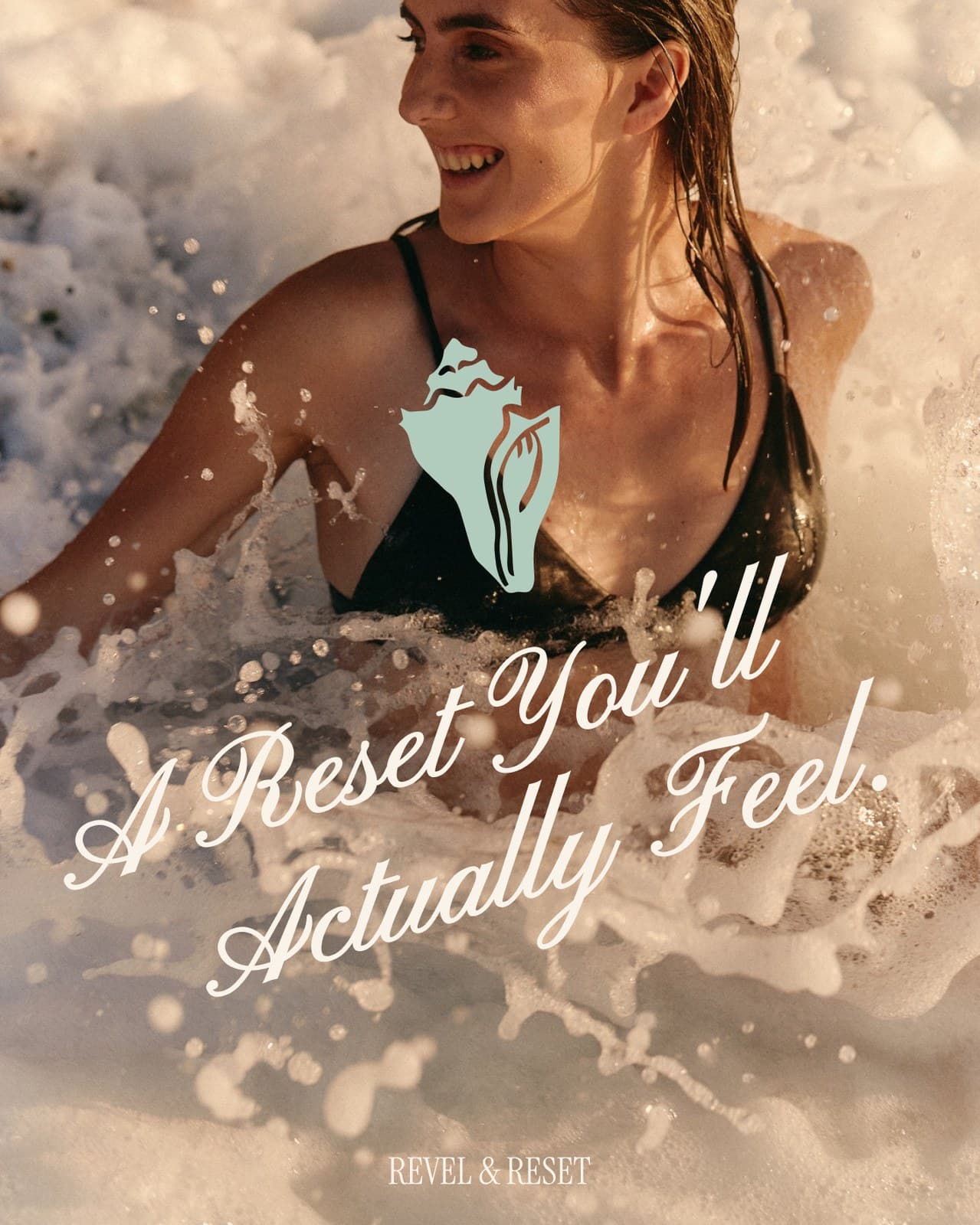 Revel and Reset shell mark and A Reset You'll Actually Feel line over ocean photography