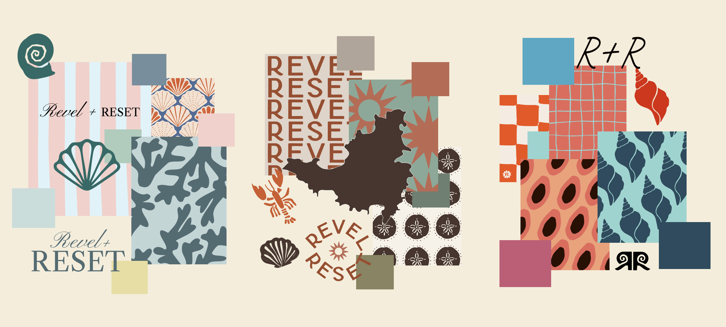 Revel & Reset moodboard featuring coastal hotels, Caribbean travel photography, shell details, elegant typography, and coral and blue tones.