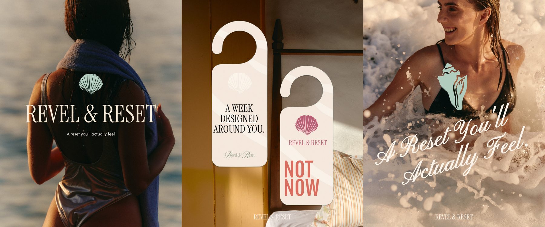 Early Revel & Reset brand direction featuring expressive script typography, coral accents, tropical travel imagery, and a playful hospitality aesthetic.