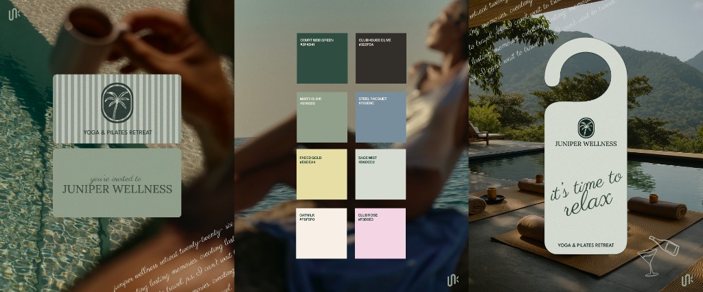 Luxury retreat branding concept for Juniper Wellness with sage green cards, invitation typography, and a poolside door hanger