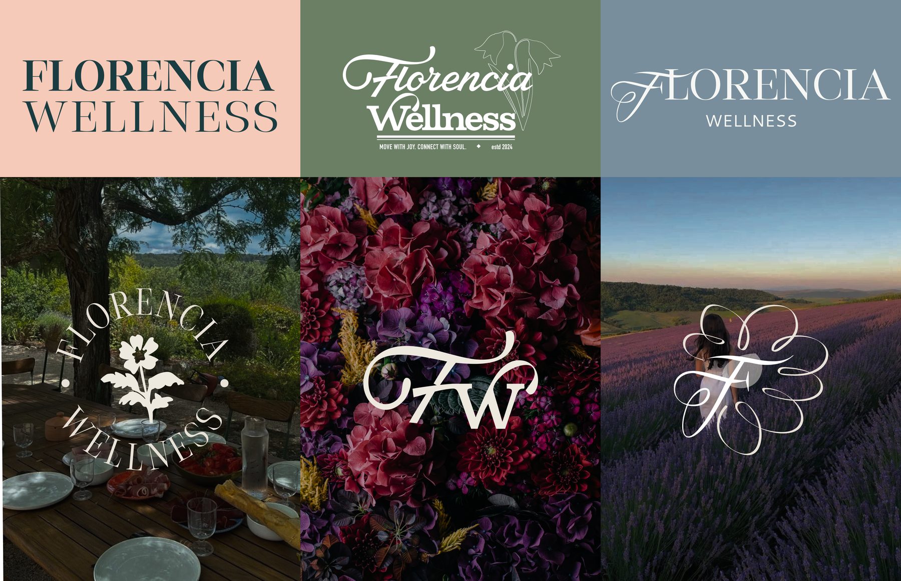 Three design directions: Three early brand design directions created for Florencia Wellness during the concept development phase