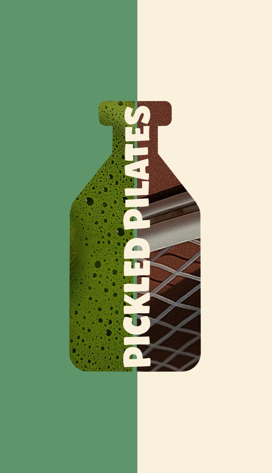 Pickled Pilates bottle silhouette split between frothy green drink and reformer mesh