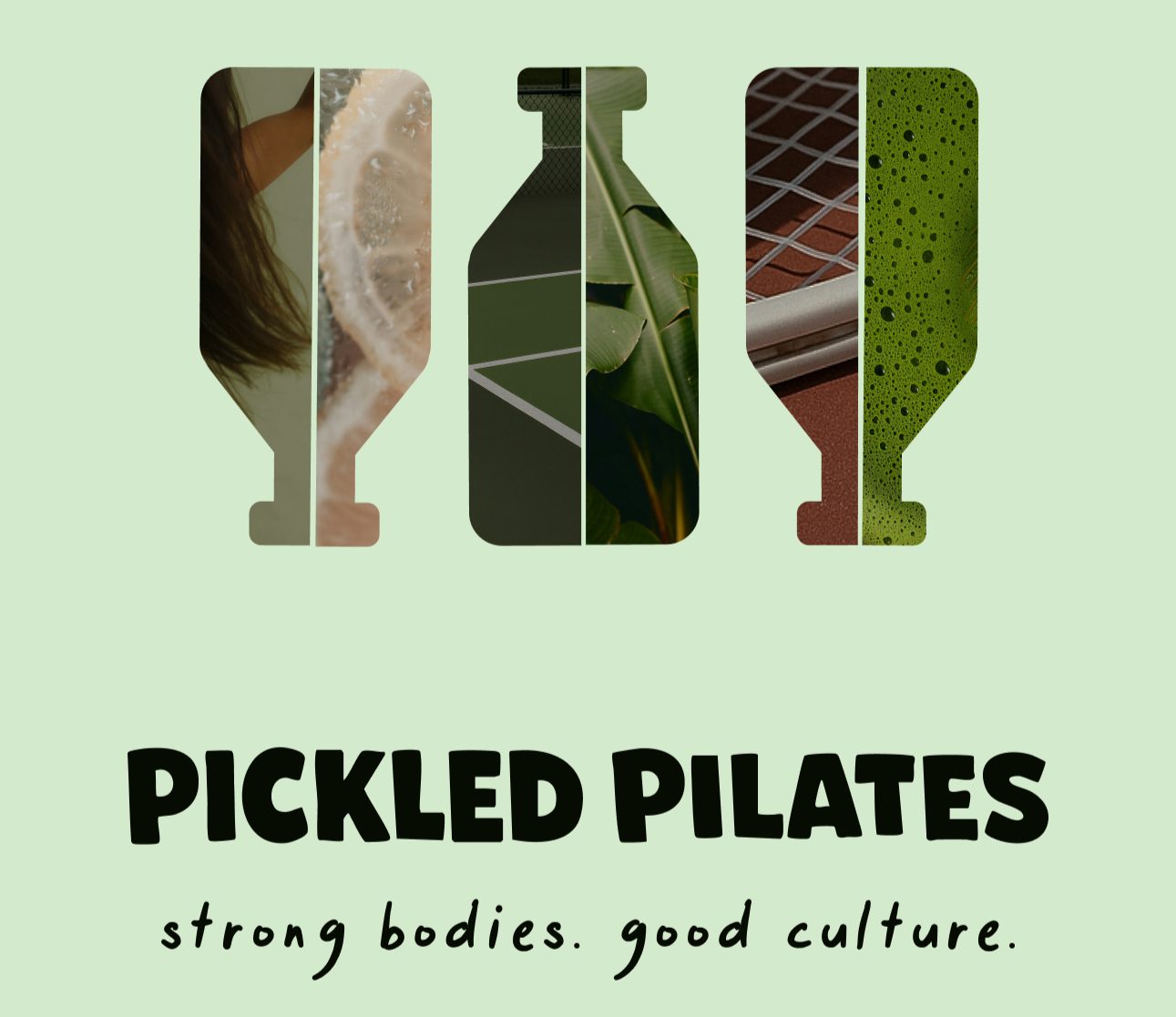 Boutique fitness branding logo design for Pickled Pilates combining pickleball paddles and a kombucha bottle silhouette into one cohesive wellness brand identity