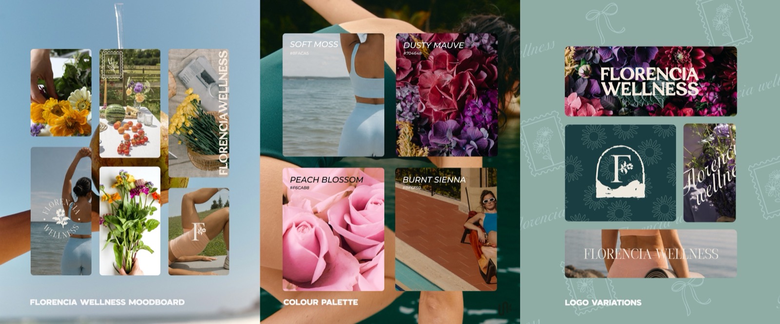 A complete Florencia Wellness identity system showing its moodboard, colour palette, and logo applications
